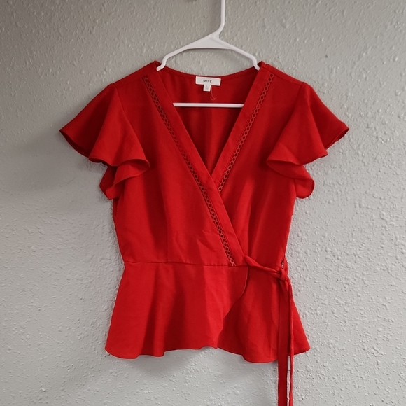mine Tops - Mine Red Flutter Sleeve Wrap Blouse
